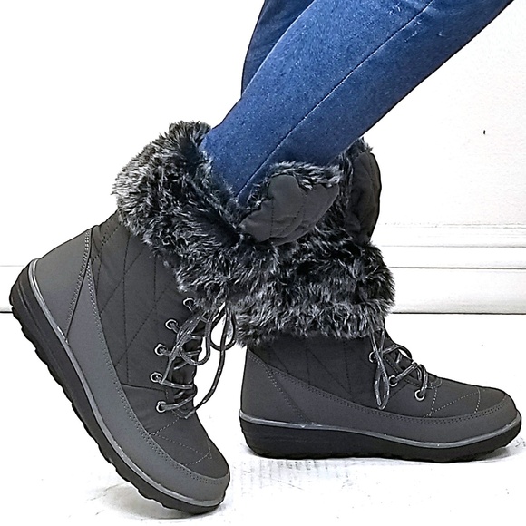 New Gray Faux Fur Lace Up Mid-Calf Snow Boots - Picture 3 of 3
